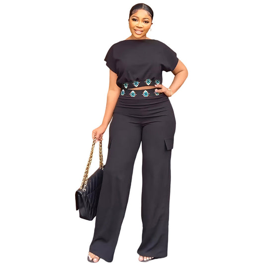 Casual Short Sleeve Coat Women Summer Solid Color All Matching Loose Straight Trousers Two Piece Set
