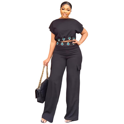 Casual Short Sleeve Coat Women Summer Solid Color All Matching Loose Straight Trousers Two Piece Set