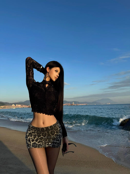 Leopard Sequin Low-Waist Mini Skirt