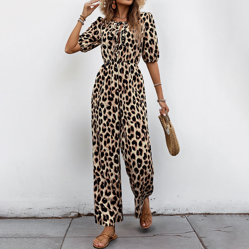 Summer Jumpsuit Tied High Waist Leopard Print Jumpsuit