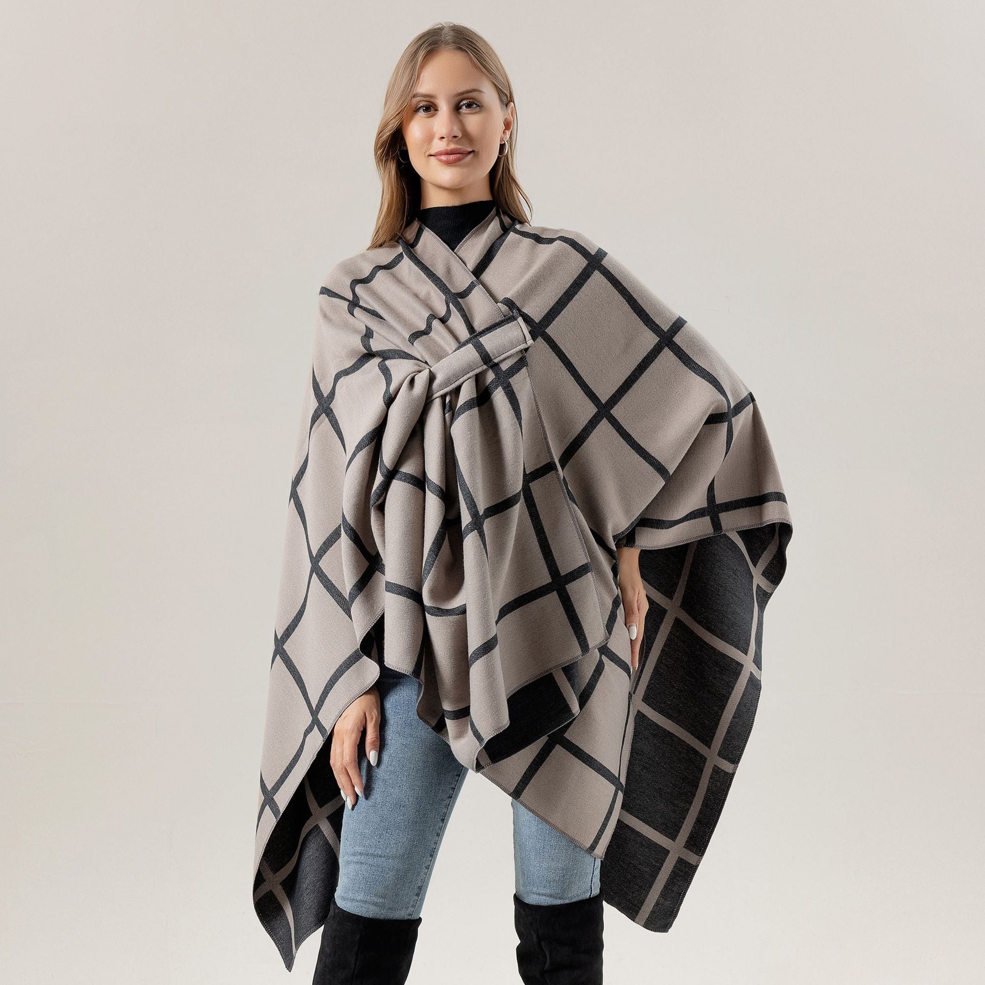 Split Cape Accessory Best-selling Side-tied Plaid Split Cape Warm Cross-border Scarf ...