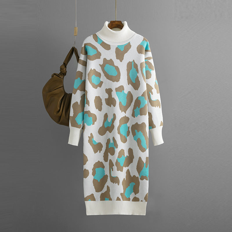 Autumn Winter Turtleneck Base Knitted Dress Leopard Print for Women