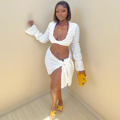Women Streetwear Hollow Out Cutout Out cropped Bubble Set Rope Long Sleeve Short Dress Two Piece Set