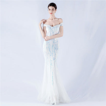 Dress Craft Beaded Mesh Sequin Evening Dress Annual Meeting Performance Host