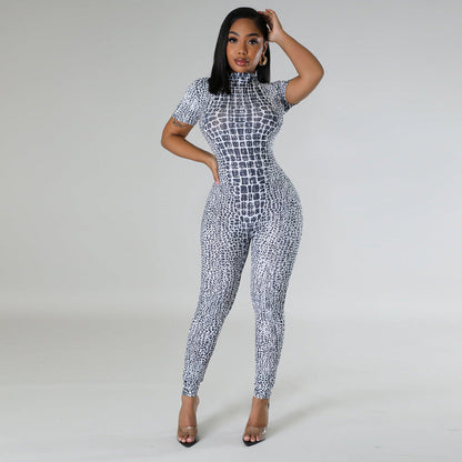 Women Trousers Printed Tight Sexy Women Short Sleeved Jumpsuit