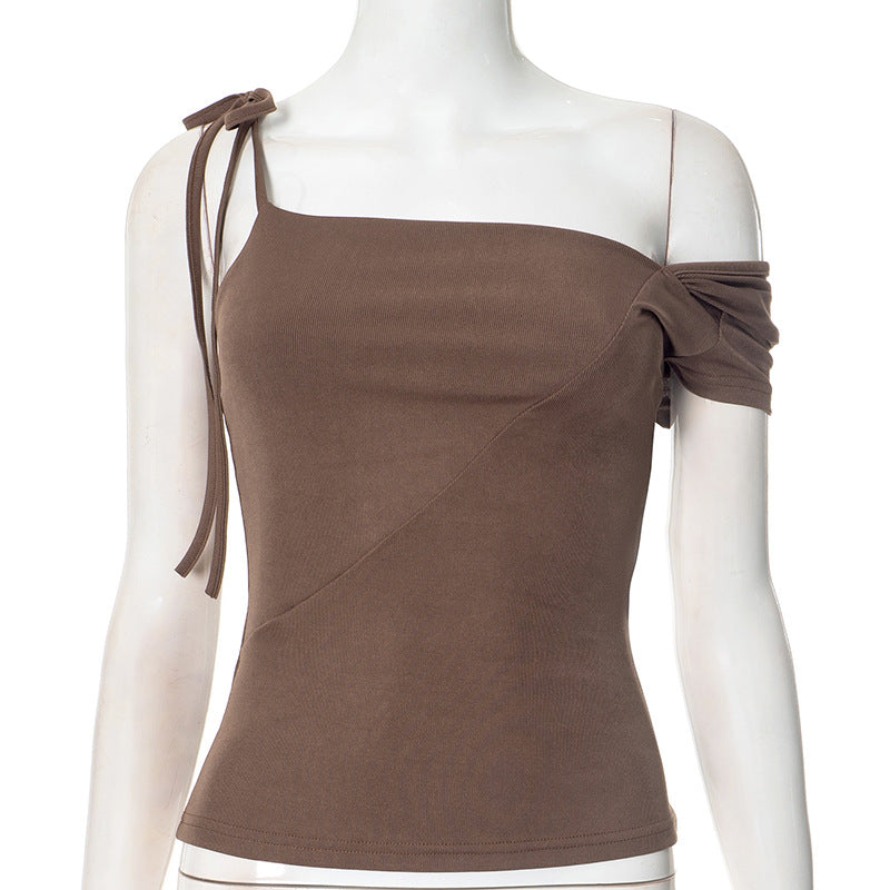 Women Clothing Summer Pleated One Shoulder Backless Twisted Lace up Asymmetric T shirt Top
