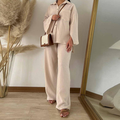 Women Clothing Autumn Champray Long Sleeve Shirt High Waist Wide Leg Pants Set