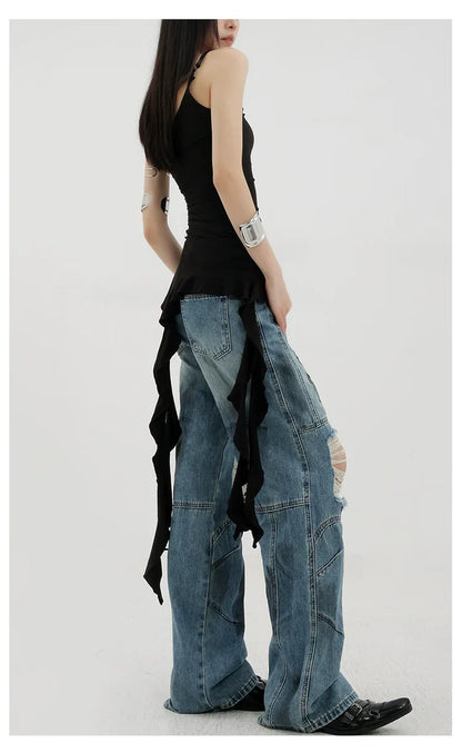 Vintage Distressed And Dirt-Dyed Patchwork Wide-Leg Jeans