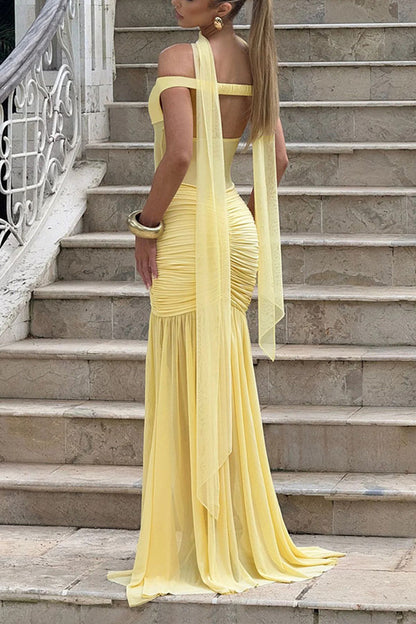 Raise The Level Mesh Off Shoulder Ruched Scarf Stretch Maxi Dress