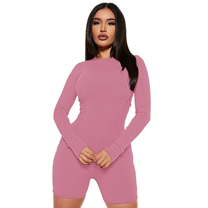 Women Clothing Spring Thread round Neck Stitching Line Casual Sports Romper