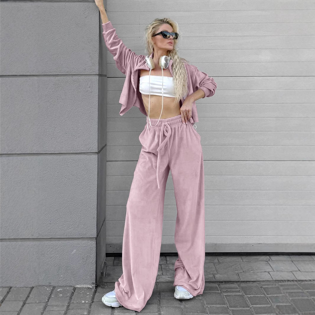 Collared Long Sleeved Trousers Loose Sweater Autumn Winter Two Piece Set