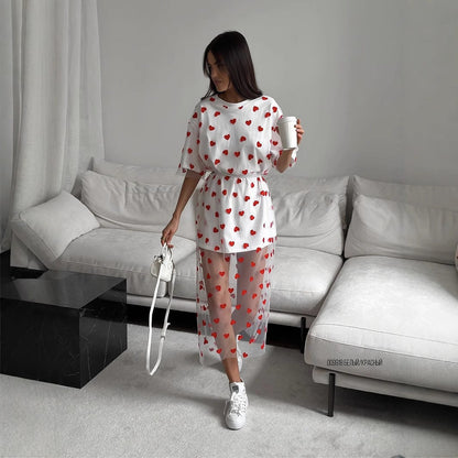 Sexy Women Clothing Long Heart Mesh Stitching Loose Short Sleeve T shirt Dress