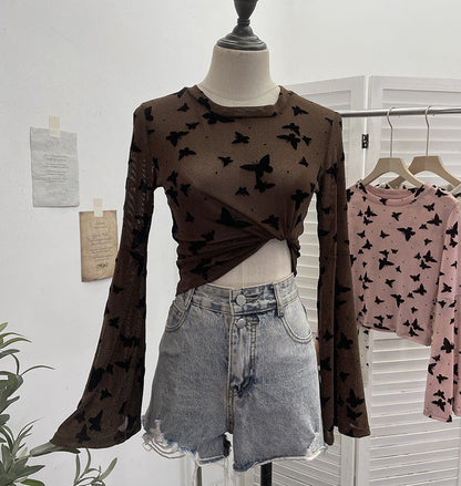 Sexy Butterfly Flocking Shiny Mesh Long Sleeve T shirt Large Bell Sleeve Short Slim Top