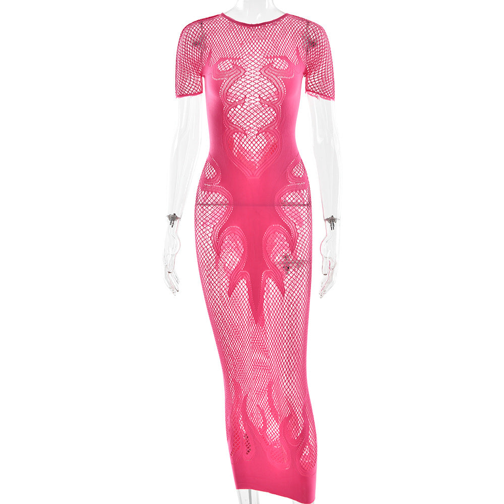 Sexy Cutout See through Tight Dress Sexy Flame Details Fishnet round Neck Dress