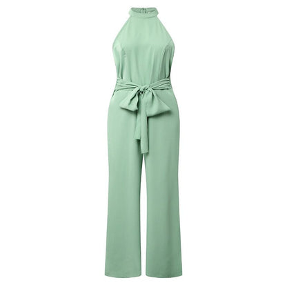 Solid Color Sleeveless Halter High Waist Lace up Straight Casual Jumpsuit Summer
