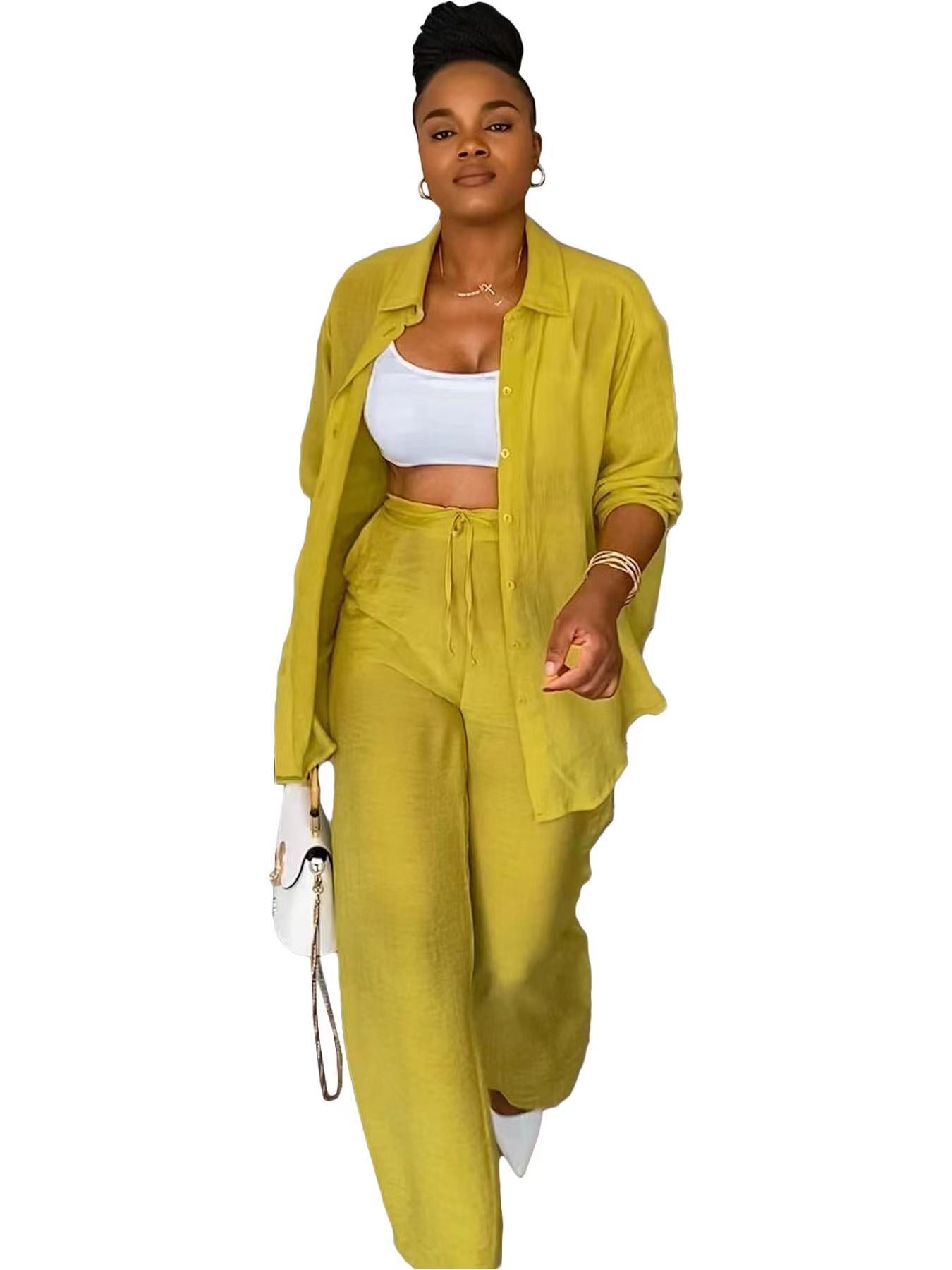 Women Clothing Spring Autumn Casual Long Sleeve Shirt Straight Leg Pants Two Piece Set