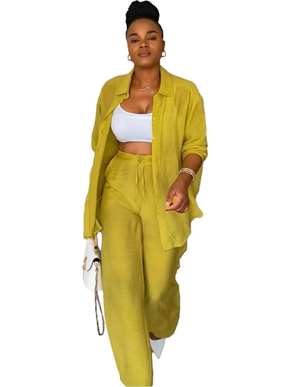 Women Clothing Spring Autumn Casual Long Sleeve Shirt Straight Leg Pants Two Piece Set