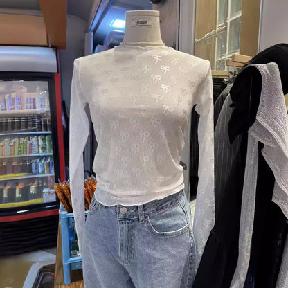 Spring Summer Cute Japanese Bowknot Elastic Mesh Bottoming Shirt Long Sleeve T shirt Inner Wear