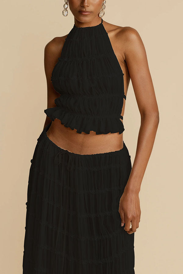 Versatile retro charm pleated drawstring waistline long skirt set