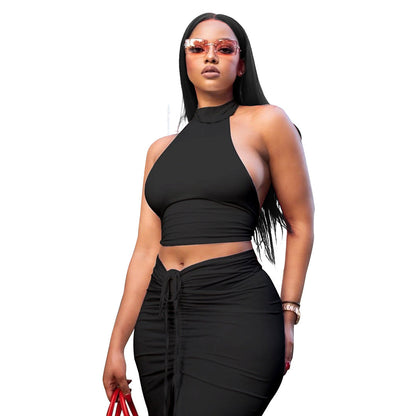 Summer Women Clothing Solid Color round Neck Cropped Backless Top Drawstring Mid Length Dress Set