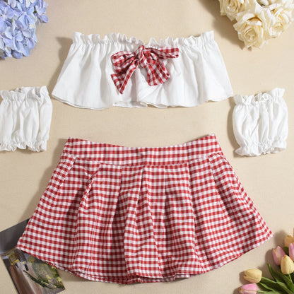 Sexy Cutout Plaid Chest-Wrapped Separated Sleeves Pleated Skirt Women Clothing