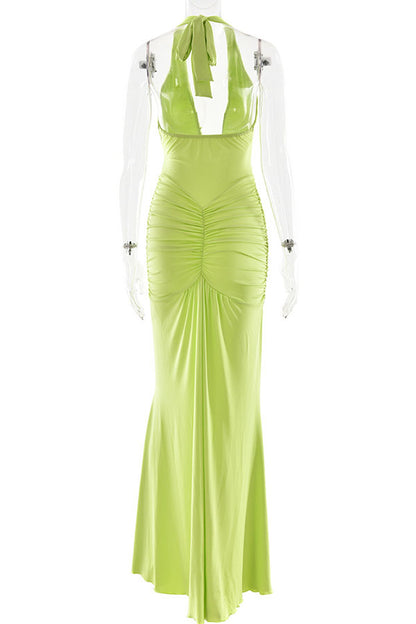 Solid Color Elegant Halterneck V-neck Open Back Tie Gathered Maxi Dress