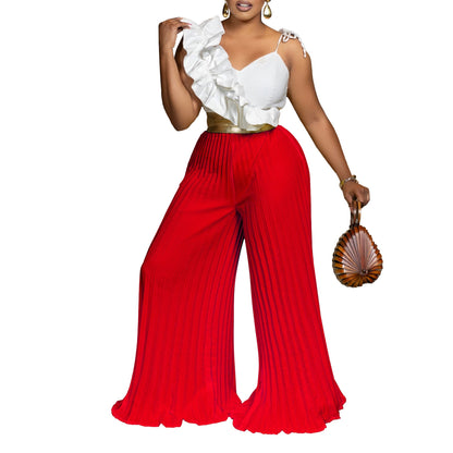 Women Clothing Sexy Ruffles Sleeveless Top Wide Leg Wide Leg Pants Set