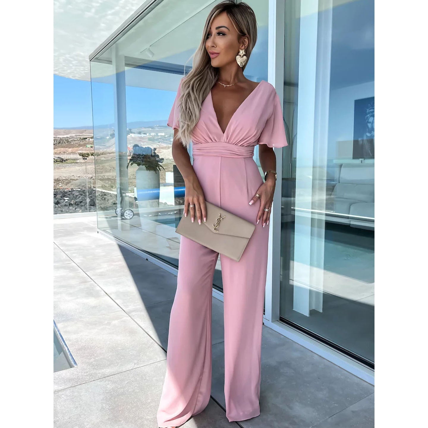 Spring Summer V neck Casual Short Sleeve Dress Loose Vacation Wide Leg One Piece Trousers Women