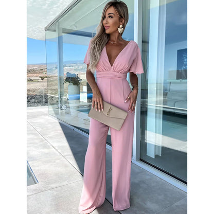 Spring Summer V neck Casual Short Sleeve Dress Loose Vacation Wide Leg One Piece Trousers Women