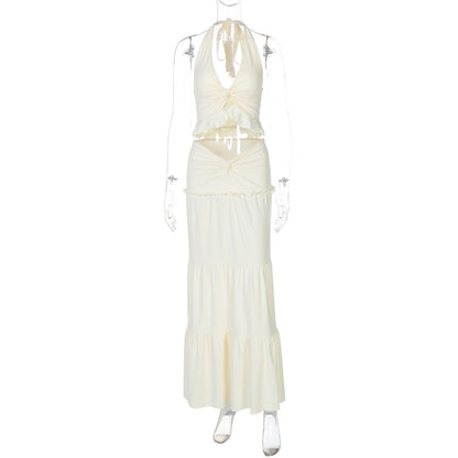 Women Clothing Winter Sexy V neck Ruffled Halter Spaghetti Straps Detail Twisted Skirt Set Women