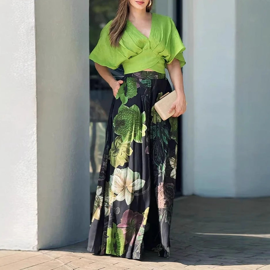 Women Casual V neck Loose Printed Two Piece Sets