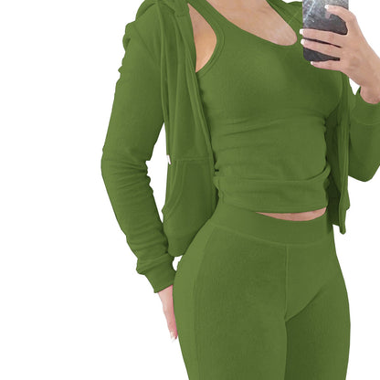 Women Clothing International Station Autumn Winter Plush Hooded Vest Three Piece Set