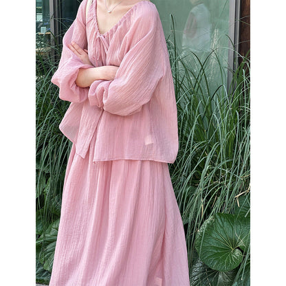 Gentle Drawstring Lace Pleated Sun Protection Shirt Skirt Two Piece Set Vacation Suit