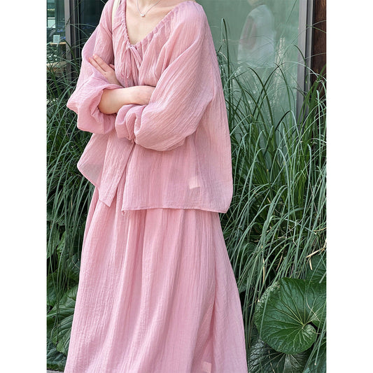 Gentle Drawstring Lace Pleated Sun Protection Shirt Skirt Two Piece Set Vacation Suit