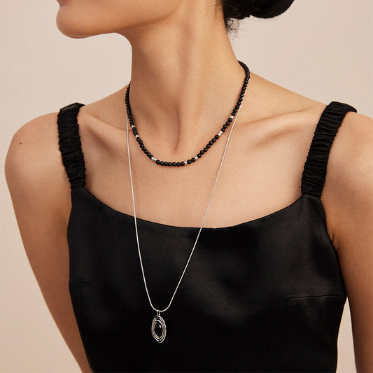 Long Black Agate Bead Statement Necklace