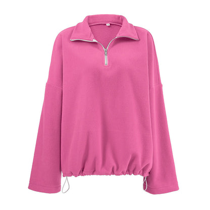 Autumn Winter Pink Collared Fleece Sweatshirt Women Lamb Wool Tops