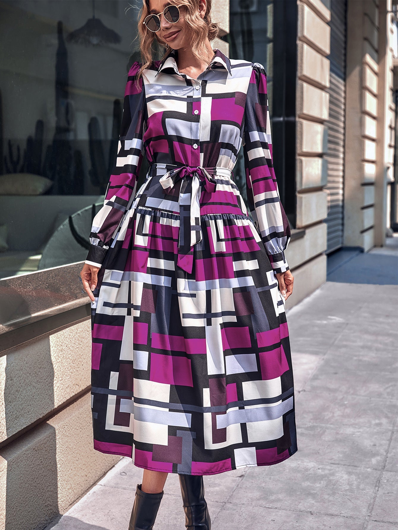 Women Clothing Spring High Waist Long Sleeves Dress