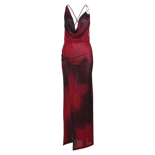 Spring Summer Women Clothing Sexy Backless Deep High Waist Slim V Split Dress