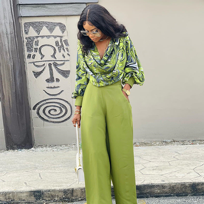 Women Clothing Spring Print Lantern Sleeve Shirt Wide Leg Work Pant Casual Suit