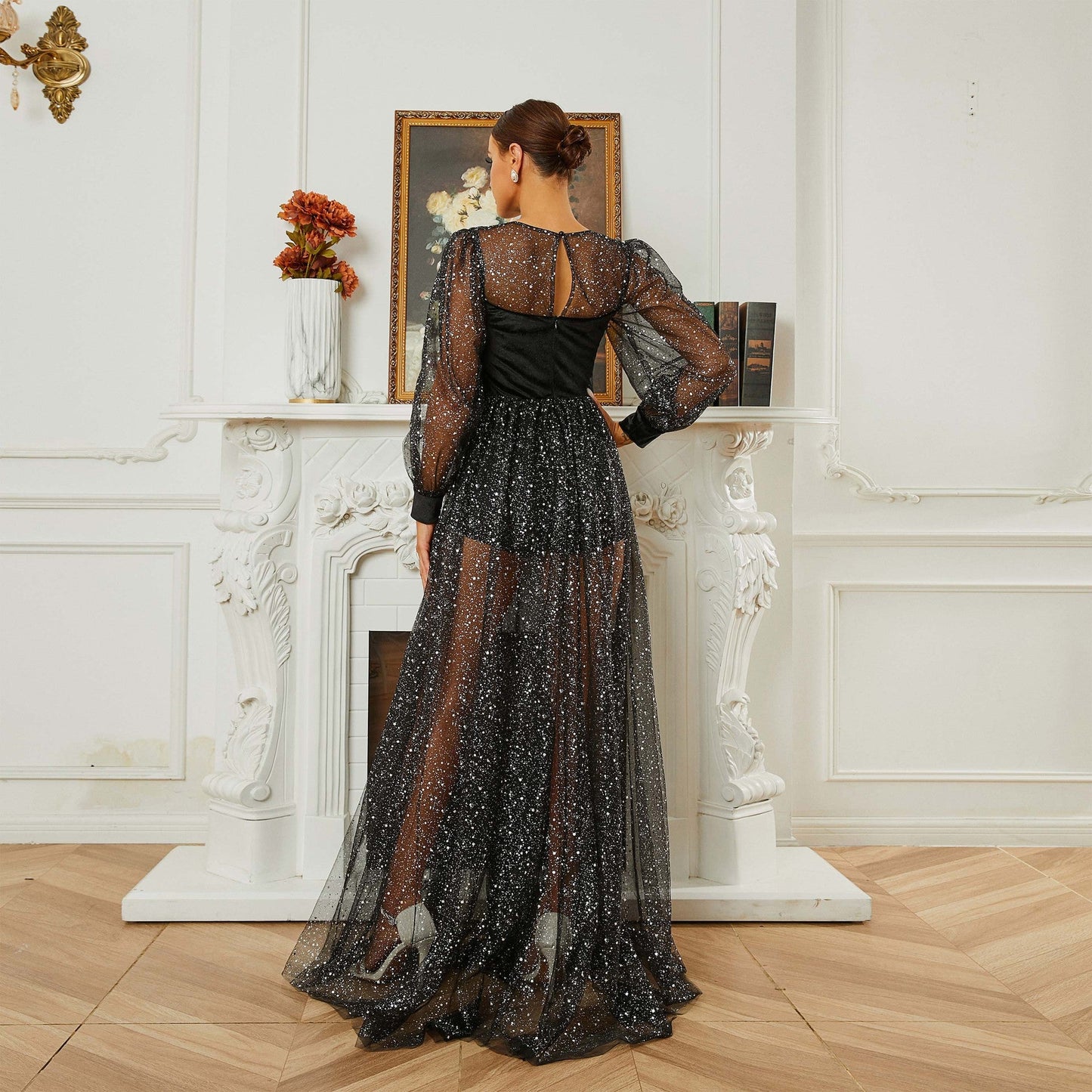 Long Sleeved round Neck Cocktail Sequin Gauze Large Swing Evening Dress Bridesmaid Dress Women