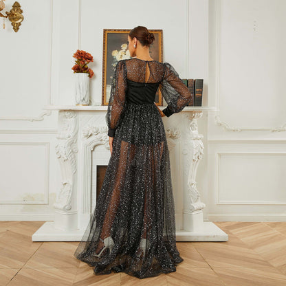 Long Sleeved round Neck Cocktail Sequin Gauze Large Swing Evening Dress Bridesmaid Dress Women