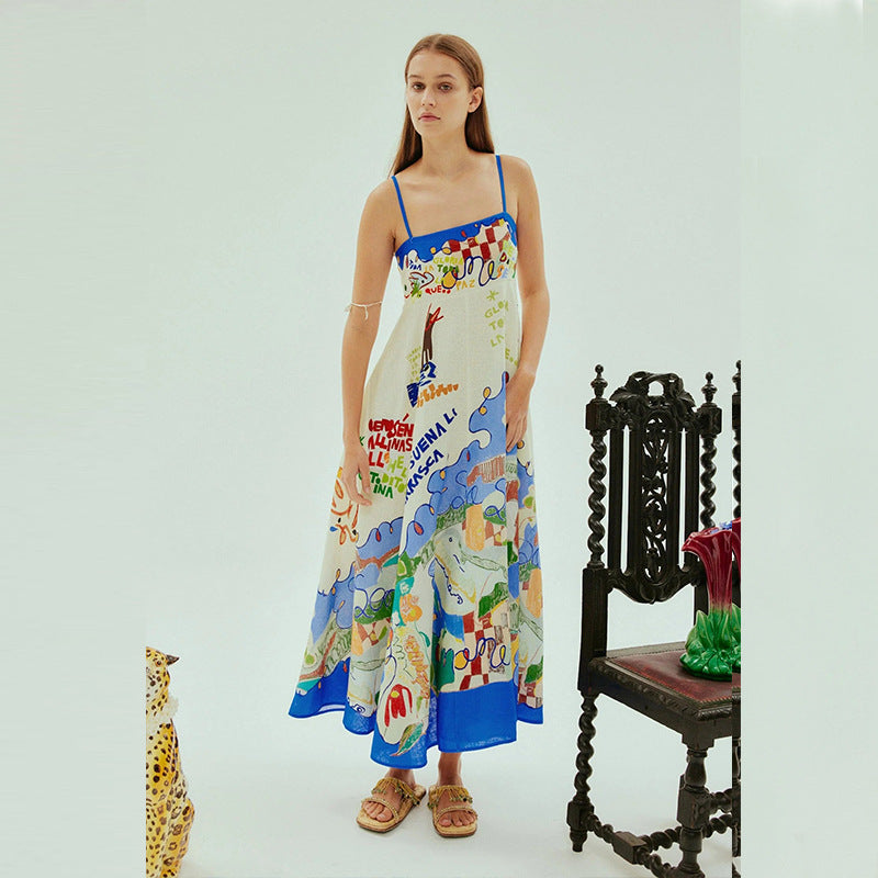 Sexy Sling Graffiti Cotton Linen Printed Large Swing Dress Women