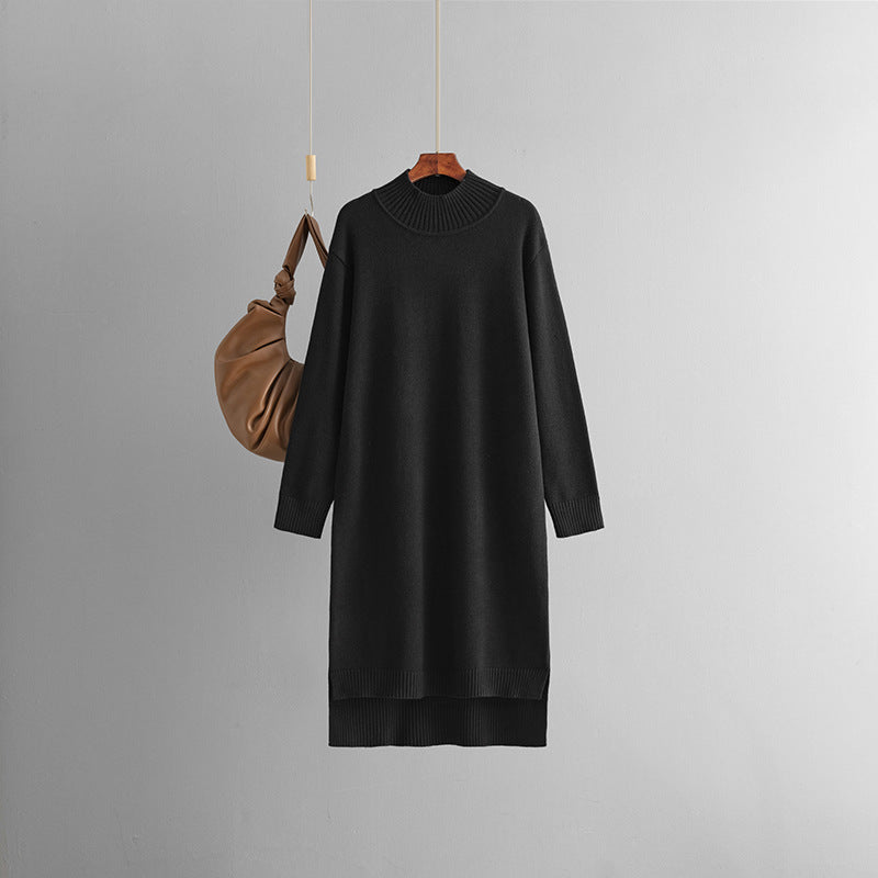 Autumn Winter Long Below The Knee Half Turtleneck Knitted Dress Loose Slimming Solid Color Woolen Dress Women