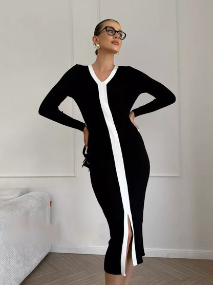 Long Sleeve V neck Stitching Contrast Color Knitted Dress Slim Slimming Autumn Winter Tight