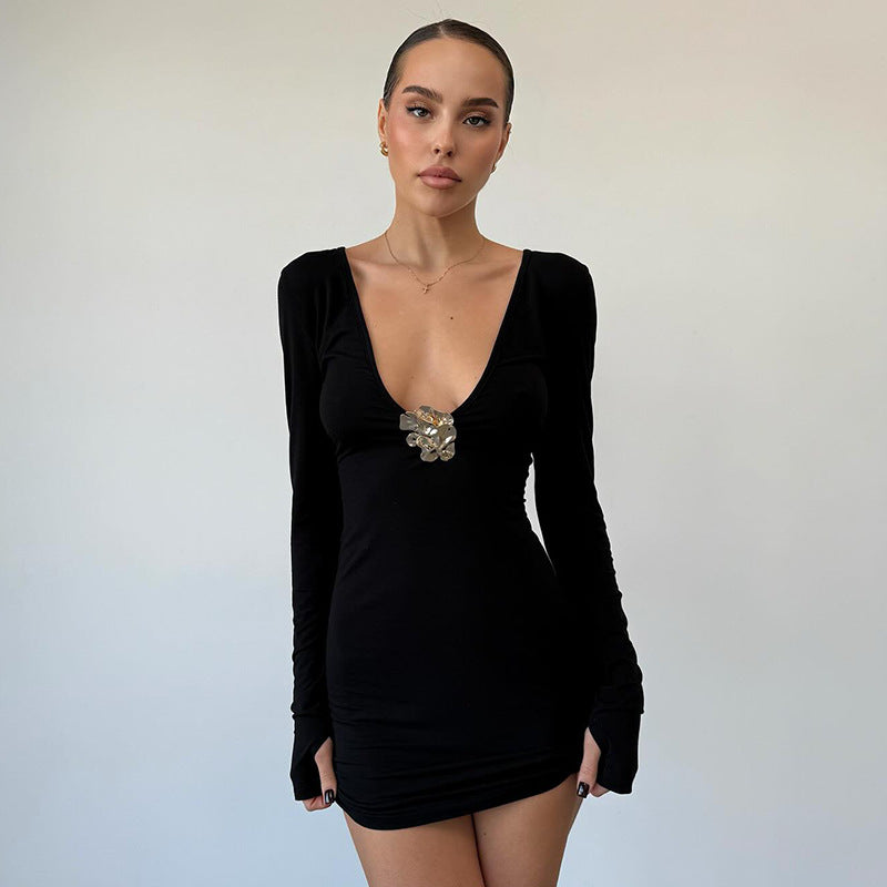 Women Clothing Low Neck Slim Fit Hip Metal Decoration Sexy Dress