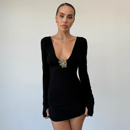 Women Clothing Low Neck Slim Fit Hip Metal Decoration Sexy Dress
