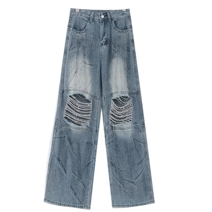 Vintage Distressed And Dirt-Dyed Patchwork Wide-Leg Jeans