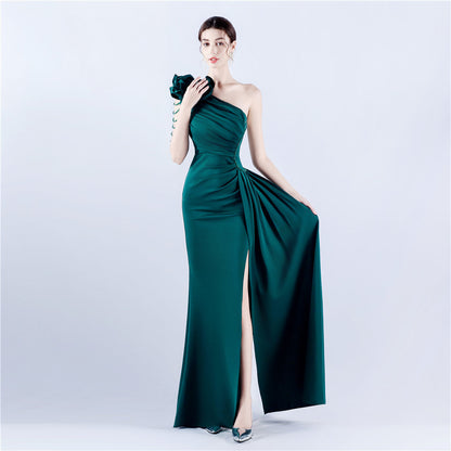 Women Clothing Heavy Industry Beads Handmade Artistic Floral Pleated Craft Satin off the Shoulder High Fork Evening Dress