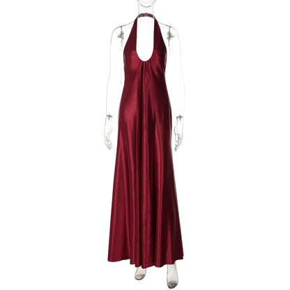 Pleated Satin Halter Maxi Dress