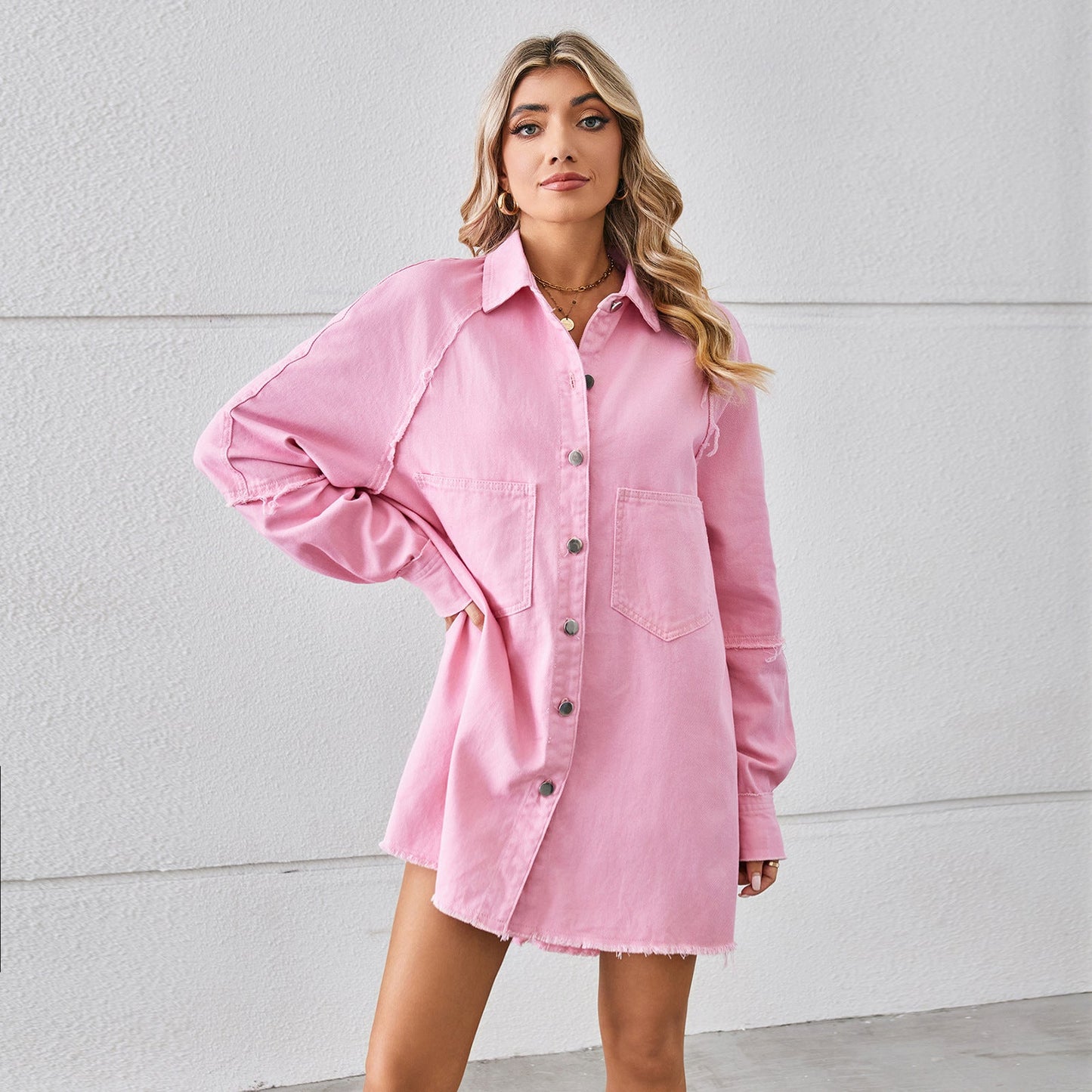 Wash Water Raw Edge Denim Dress Stitching Long Sleeve Cardigan for Women
